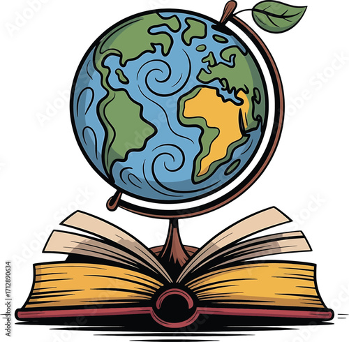 Globe on open book symbolizing education and knowledge on white background Keywords: globe, book, open book, education, knowledge, learning, world