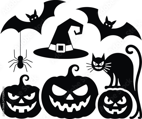 Halloween pumpkins black cat bats and witch hat on white background jack o lantern carved