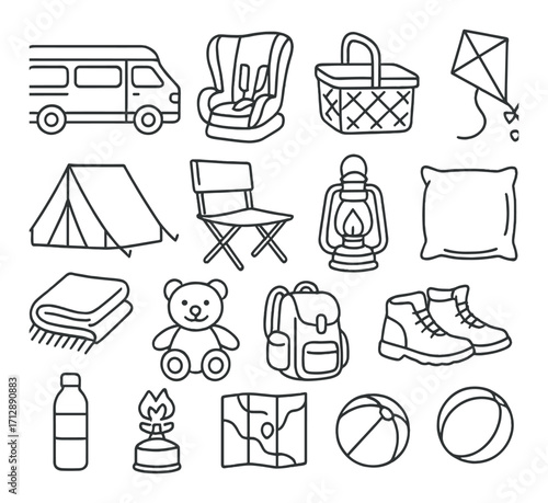 Camping essentials icons: lantern, tent, backpack, boots, teddy bear