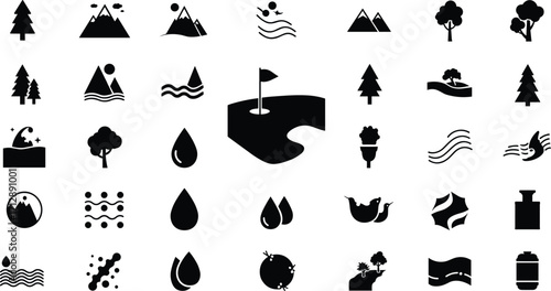 Nature and water icons, black silhouette grid, environmental symbols, eco-friendly design, sustainability elements, outdoor themes, clean energy, resource visuals