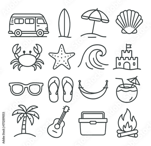 Summer beach icons: van, surfboard, umbrella, shell, crab, starfish, wave, sandcastle, glasses, flip-flops, hammock, coconut, palm, guitar, cooler, fire