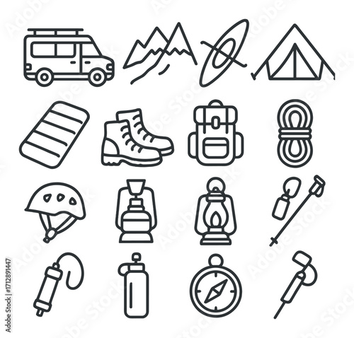 Outdoor camping gear icons: tent, backpack, boots, lantern, helmet, kayak, compass, ropes