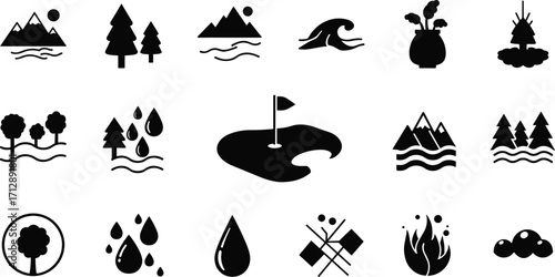 Nature icon collection, outdoor silhouette grid, black and white design, water and mountain symbols, eco-friendly visuals, camping, recreation, environment