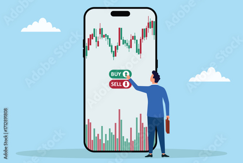 Vector illustration of a businessman standing in front of a large smartphone screen, reviewing stock market charts and pressing buy and sell options, depicting trading activity
