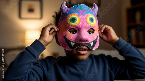 black child putting on a handmade monster mask for Halloween