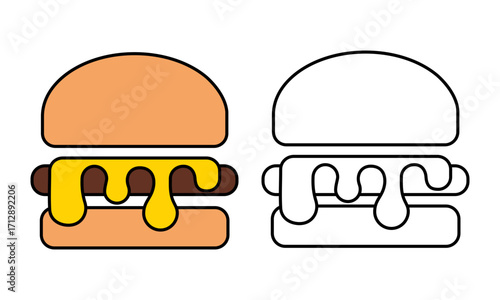 Drawing of a cheeseburger with melted cheese, line art and vector icon