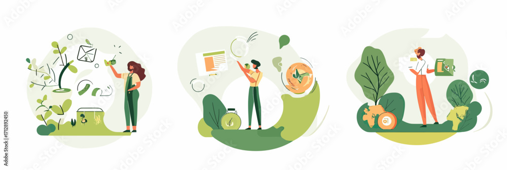 Naklejka premium Flat minimalist vector set illustrating sustainable living, eco friendly habits, recycling, renewable energy, plant care, climate action, environmental conservation concepts