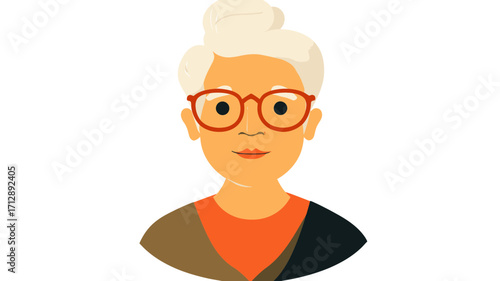 Minimalist flat vector portrait of elderly woman with white hair, red glasses, warm-toned clothing, isolated on white background design for senior age concept illustration