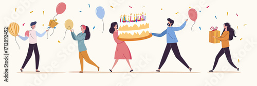 Group of diverse men and women celebrating birthday party with balloons, gift boxes, confetti, and large cake in flat minimalist style vector illustration