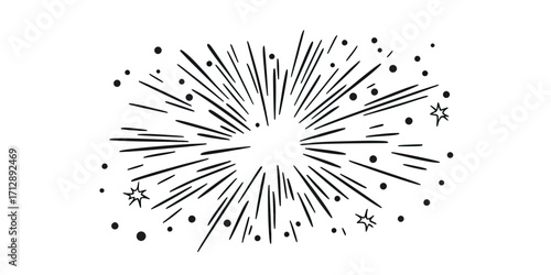 Black and white hand drawn explosion burst icon with rays confetti stars and dots line art vector illustration for surprise or celebration design element