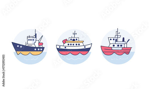Set of three flat style vector icons featuring colorful fishing boats with cabins and antennas on calm water in circular frames for sea transport and maritime concept design