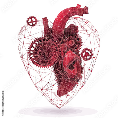 Abstract polygonal digital human heart with mechanical gears and cogs inside wireframe structure biomedical engineering technology concept illustration vector design