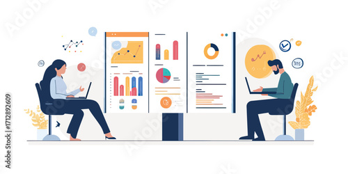 Business data analysis teamwork with male and female professionals working on laptops with charts graphs and financial reports on large digital screens in modern office environment vector illustration