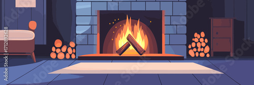 Cozy living room interior with wood burning fireplace glowing flames wooden logs modern minimalistic flat vector illustration design home comfort warmth decor rug furniture indoors