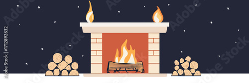 cozy fireplace with burning flames logs starry night sky minimalistic flat vector illustration home warmth ambiance comfort interior design decoration woodpile stacked firewood background