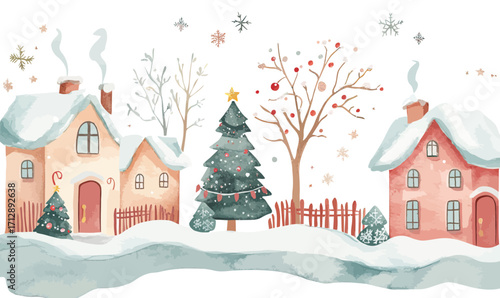 Watercolor winter village scene with snow covered cozy houses decorated Christmas trees bare trees smoking chimneys festive calm atmosphere landscape illustration