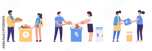 Volunteers donating food clothes and money to charity collection boxes and donation jars in flat minimalist vector style illustrating community support and generosity