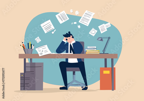 frustrated businessman sitting at office desk overwhelmed with flying papers and unfinished work stress fatigue anxiety concept flat vector illustration