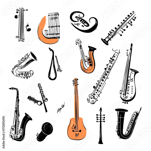 Hand drawn vector illustration of diverse musical instruments including saxophones, lyres, violins, clarinets, and a guitar in minimalist doodle style for music concept and shop icon set
