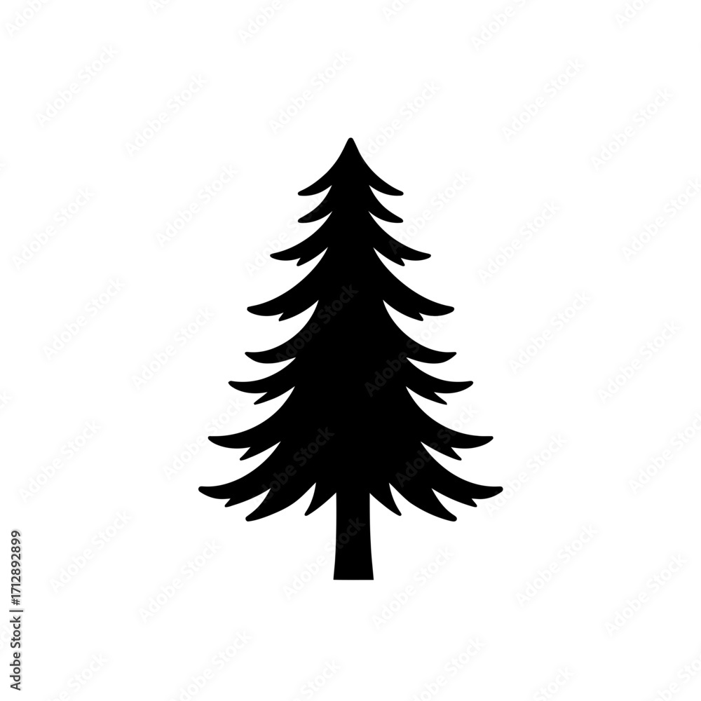 Obraz premium Black silhouette of a pine tree icon with layered branches in flat minimalist style on white background for nature and forestry design concepts