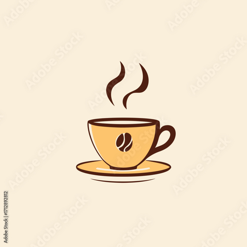 Minimalist hot coffee cup with steam and coffee bean icon on saucer flat vector illustration for cafe logo design or restaurant branding concept
