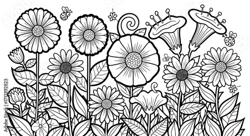 Detailed Garden Flowers and Butterflies Line Art on Isolated White Background