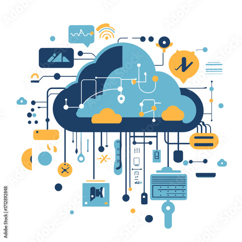 Abstract cloud computing network with data connections, digital technology icons, and server components in modern flat style vector illustration