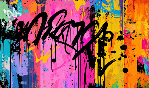 Abstract colorful graffiti art with black ink street lettering and drips on vibrant splattered paint background in flat minimalist vector style