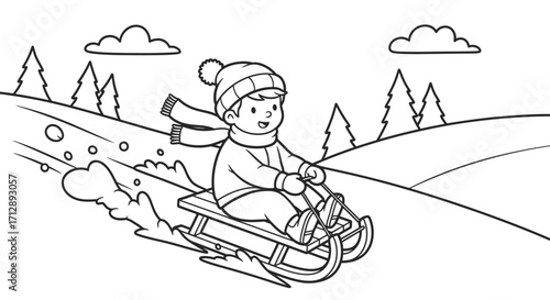Happy Boy Sledding Down a Snowy Hill in a Winter Landscape, Enjoying Winter Fun