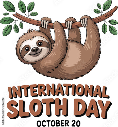 International Sloth Day illustration with sloth hanging on a branch cartoon animal