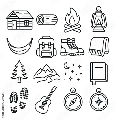Camping icons: cabin, campfire, hiking gear, and nature elements