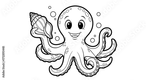 Happy Cartoon Octopus Smiling on Isolated White Background for Coloring Book Page