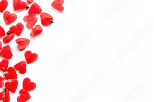 White backdrop featuring small ladybugs and red heart shapes in the upper left corner - a theme for love and Valentine's Day with ample space for text.