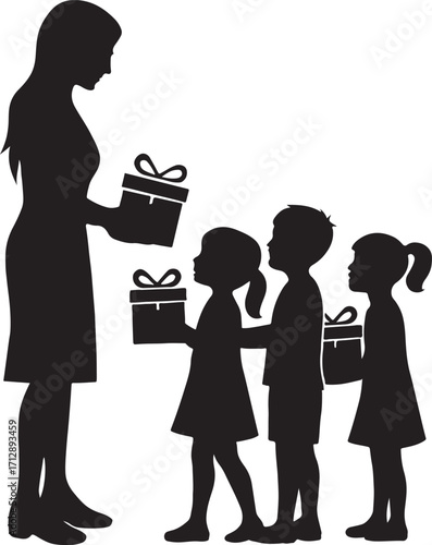 Teacher gives gifts to children in silhouette style