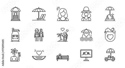 Minimalist Summer Vacation and Beach Romance Line Art Icon Set – 15 Black Outline Travel and Love Symbols