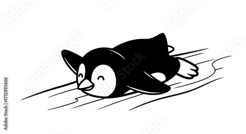 Playful Cartoon Penguin Sliding on its Belly, Arctic Bird, Isolated White Background