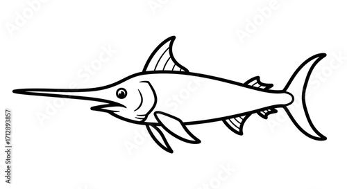 Detailed Swordfish Line Art Swimming on Isolated White Background