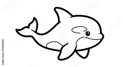 Adorable Baby Killer Whale Orca Swimming Happily, Cute Marine Mammal Line Art, Isolated White Background.