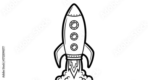 Powerful Rocket Launching into Space with Smoke, Sci-Fi Space Exploration Vehicle Line Art, Isolated White Background.