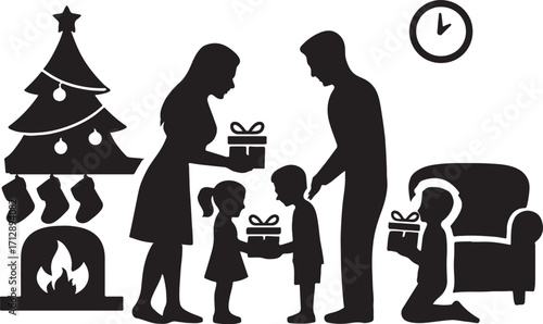 Family Christmas morning giving gifts silhouette illustration art