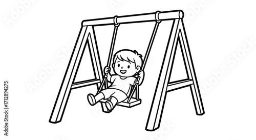 Happy Joyful Cartoon Child Swinging on a Swing Set on Isolated White Background