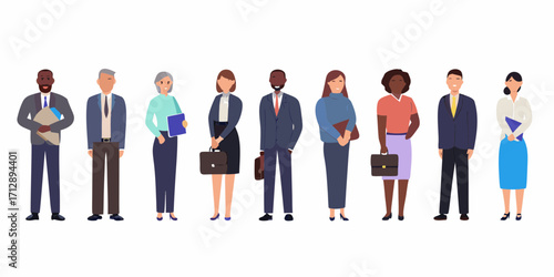 Diverse group of business professionals standing together in formal attire with briefcases and folders
