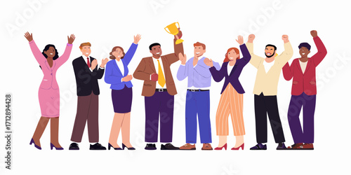 Diverse group of business professionals celebrating a victory holding a golden trophy and cheering