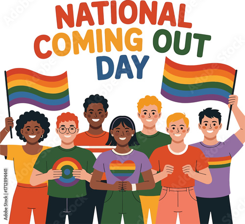 National Coming Out Day diverse group of people holding rainbow flags and wearing pride symbols LGBTQ