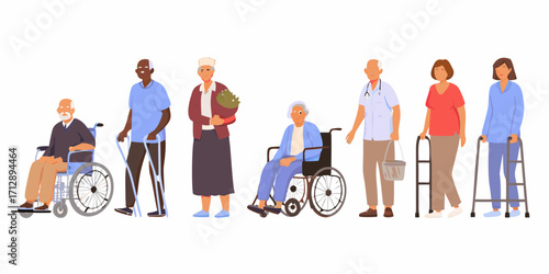Diverse group of elderly people with mobility aids and a doctor in a flat illustration style
