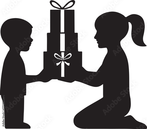 Boy gives presents to girl silhouette illustration