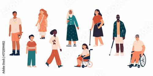 Diverse group of people of different ages ethnicities and abilities standing together in a line