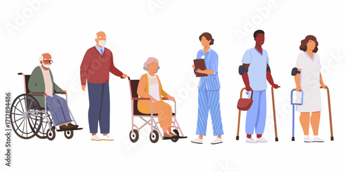 Diverse group of elderly people and healthcare professionals in a medical setting