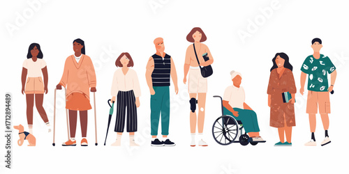 Diverse group of people with disabilities and a dog standing together in solidarity and support