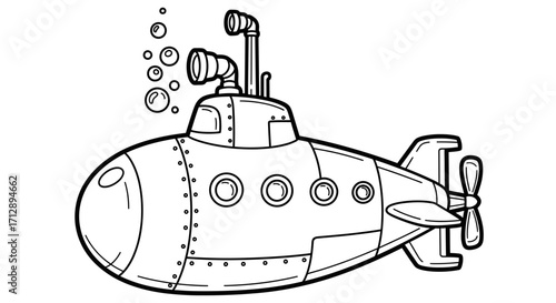 A black and white line drawing of a submarine with bubbles rising from its conning tower.